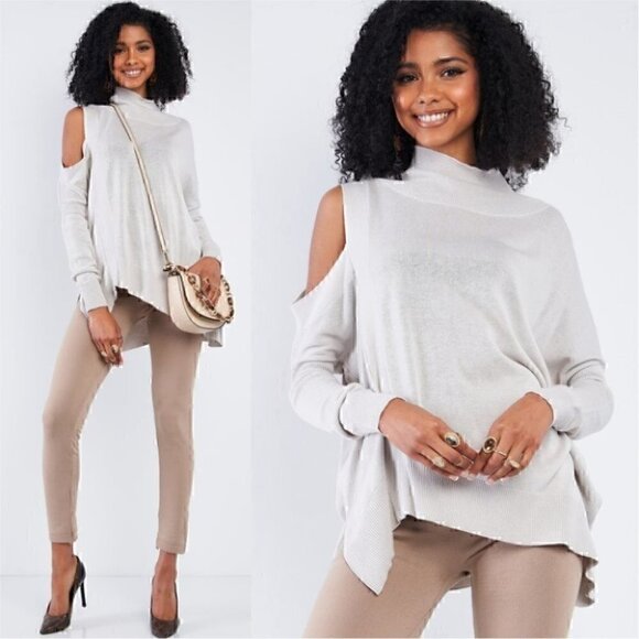 Silver Peek-A-Boo Shoulder Turtle Neck Swe… - Picture 3 of 4